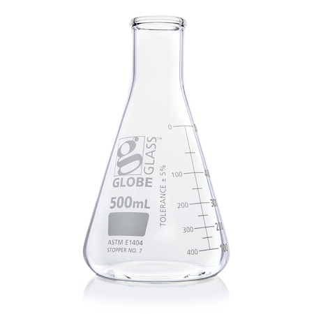 Globe Scientific Flask, Erlenmeyer, Globe Glass, 500mL, Narrow Mouth, Dual Graduations, ASTM E1404, 6/Box 8400500